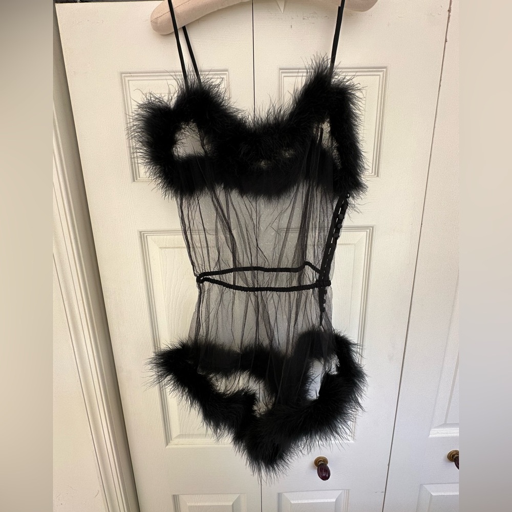 Rosamosario 100% Silk, Marabou, and Black Tulle Bodysuit Teddy Playsuit